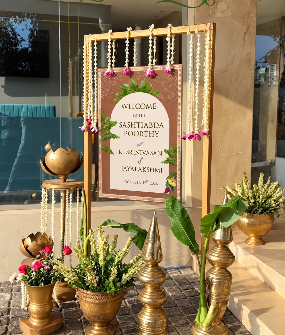 Traditional welcome board at Kuudam Hall Coimbatore by Breeze Decorators